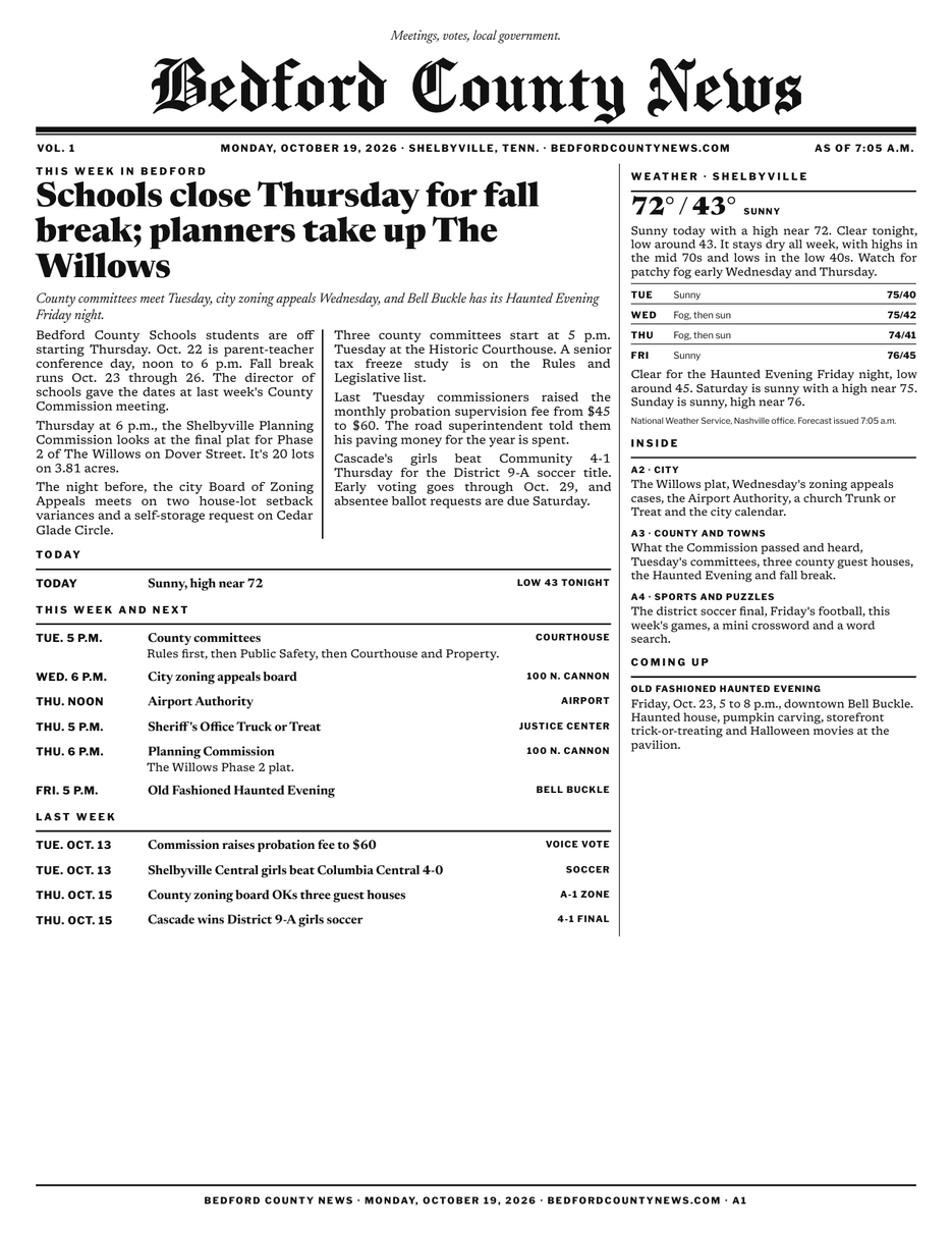 Preview of Bedford County News Oct. 19, 2026 front page